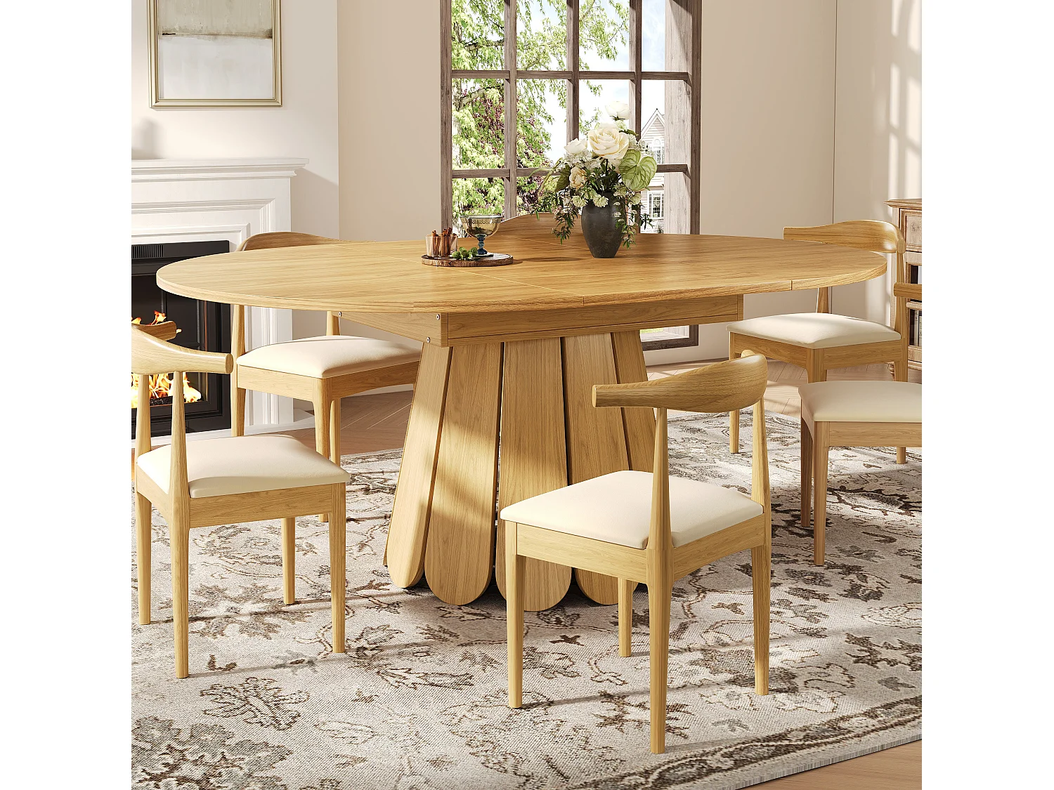 Table de salle à manger extensible ronde effet bois claire piétement tulipe à lattes 118-158 cm