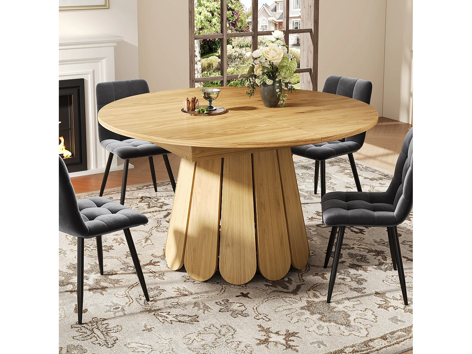 Table de salle à manger extensible ronde effet bois claire piétement tulipe à lattes 118-158 cm