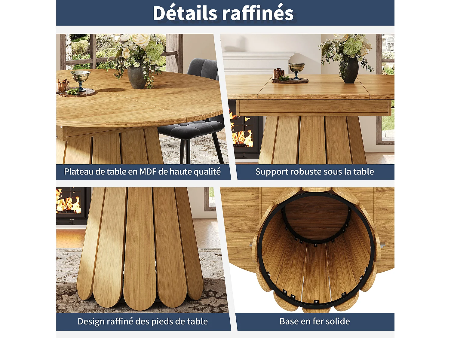 Table de salle à manger extensible ronde effet bois claire piétement tulipe à lattes 118-158 cm