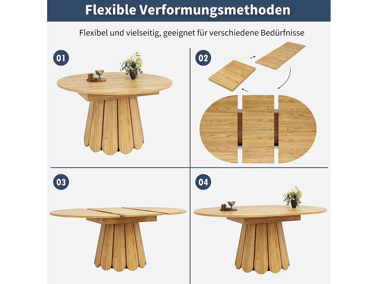 Table de salle à manger extensible ronde effet bois claire piétement tulipe à lattes 118-158 cm