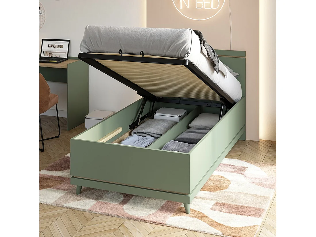 Lit coffre enfant NOKI – 100x200 cm vert et bois – Style scandinave