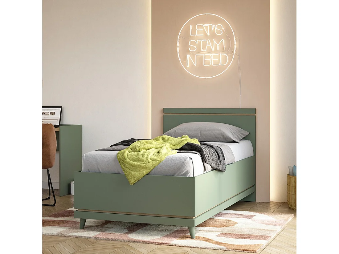 Lit coffre enfant NOKI – 100x200 cm vert et bois – Style scandinave