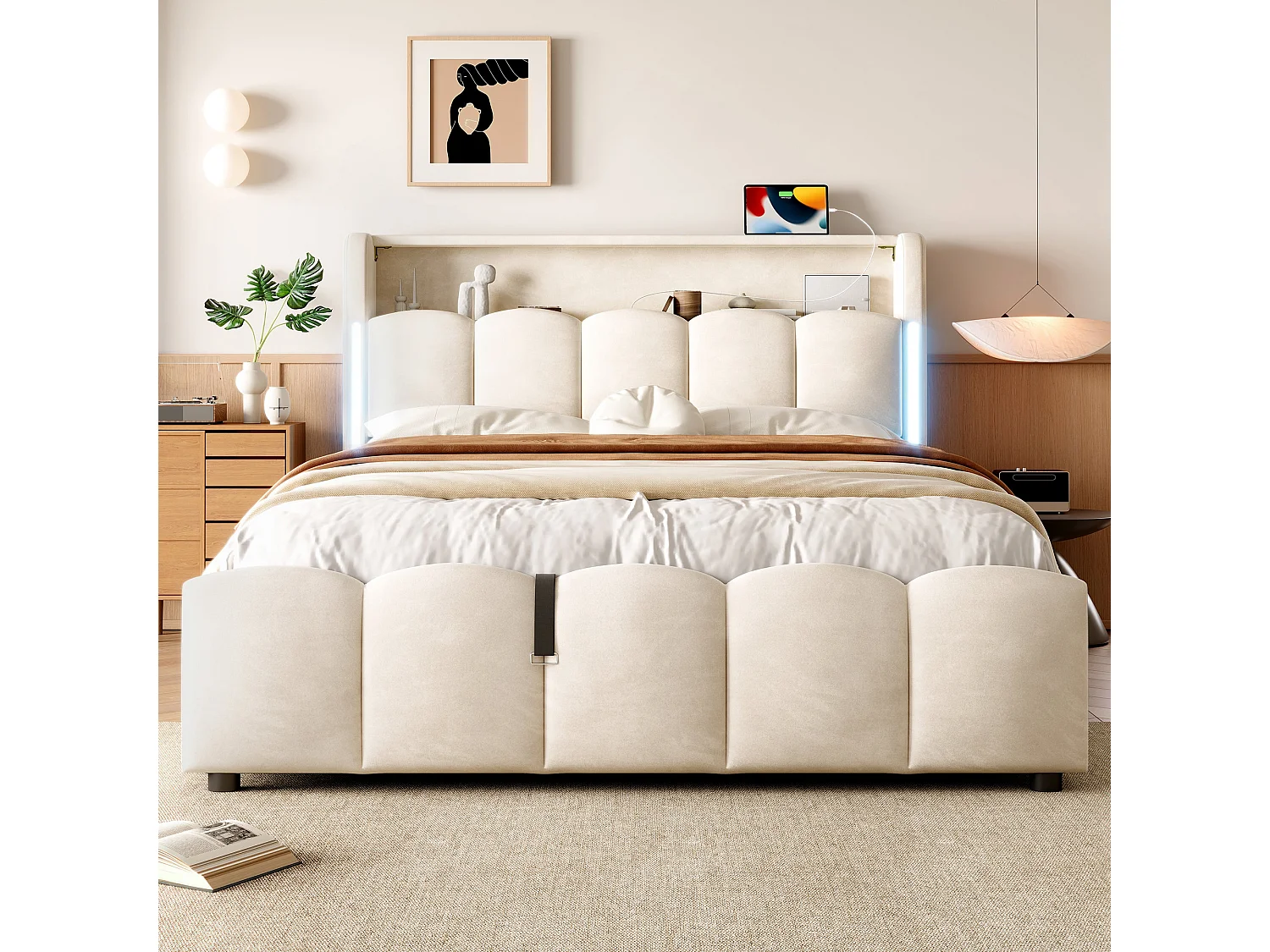 Lit coffre en velours beige avec LED, tête de lit avec rangement, ports USB/Type-C, sans matelas 140x200 cm