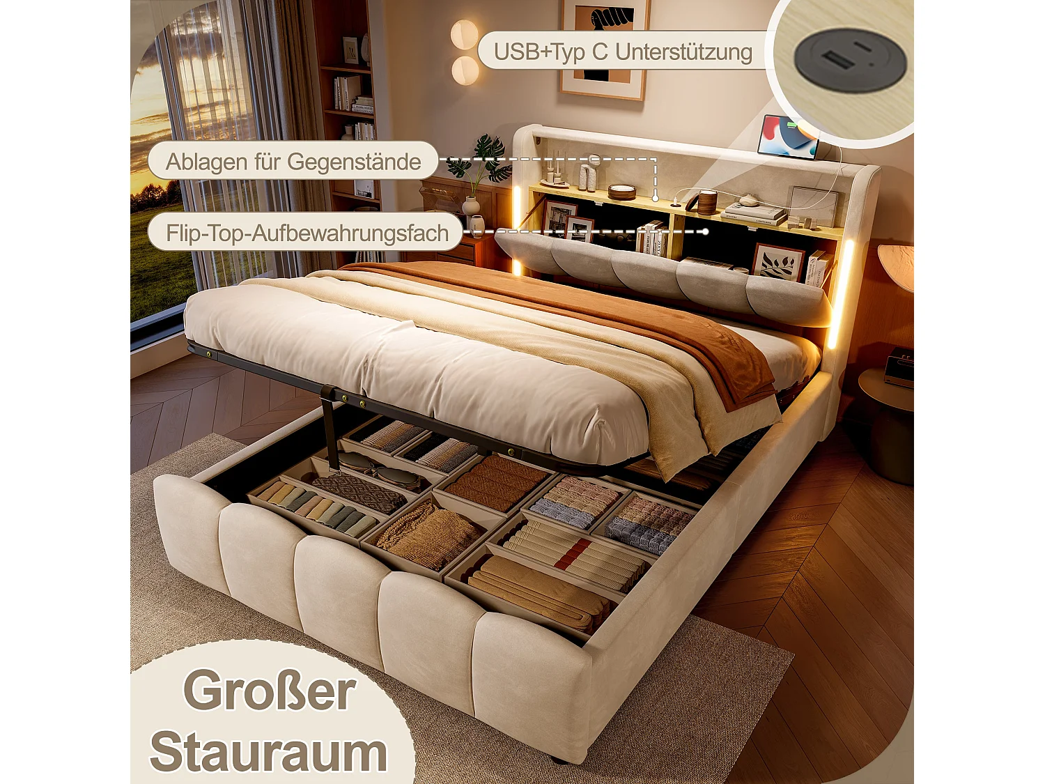 Lit coffre en velours beige avec LED, tête de lit avec rangement, ports USB/Type-C, sans matelas 140x200 cm