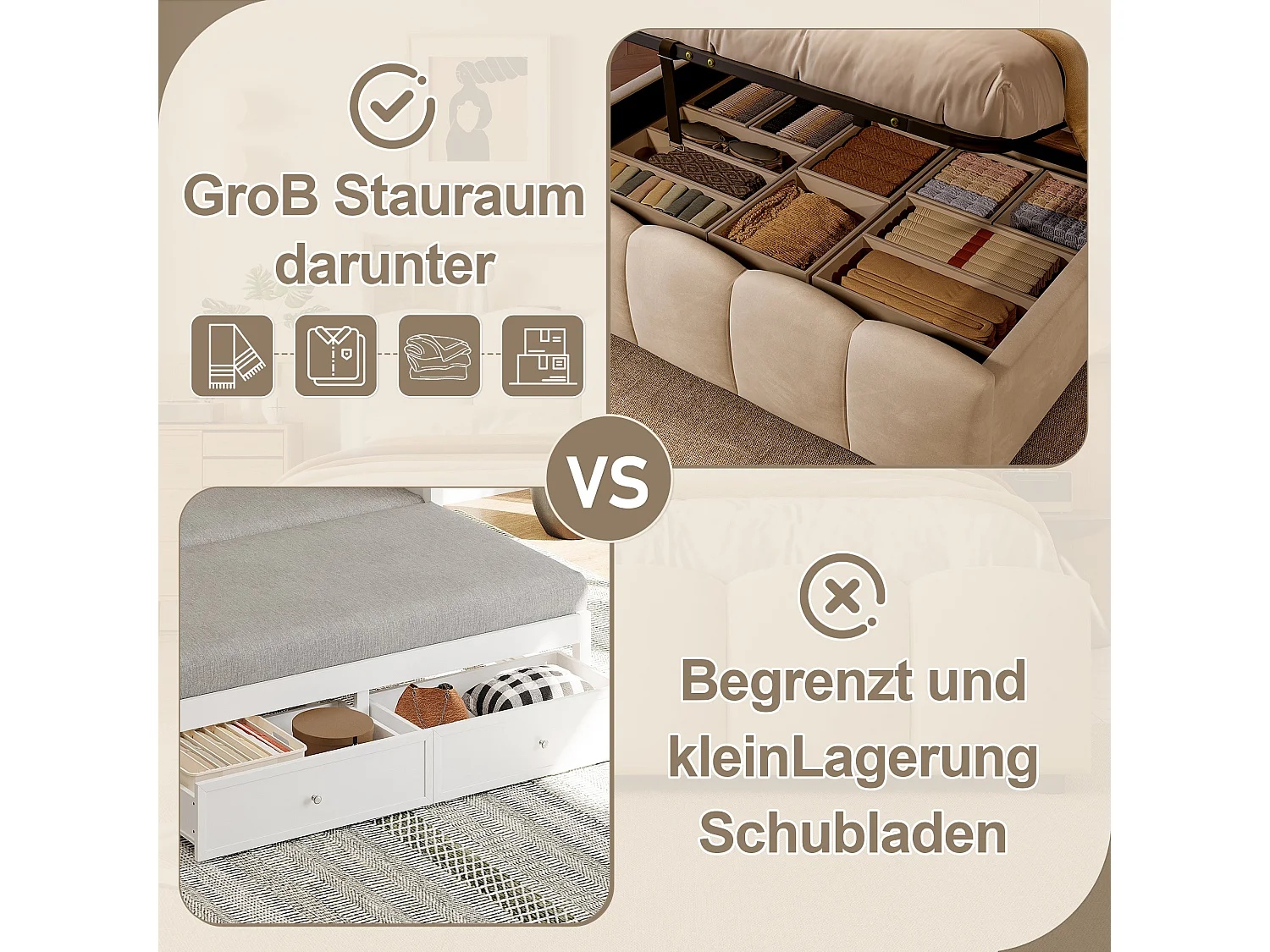 Lit coffre en velours beige avec LED, tête de lit avec rangement, ports USB/Type-C, sans matelas 140x200 cm