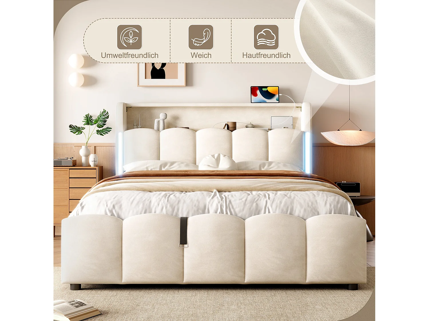 Lit coffre en velours beige avec LED, tête de lit avec rangement, ports USB/Type-C, sans matelas 140x200 cm