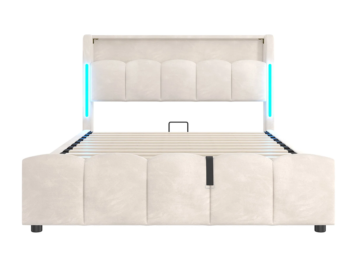 Lit coffre en velours beige avec LED, tête de lit avec rangement, ports USB/Type-C, sans matelas 140x200 cm