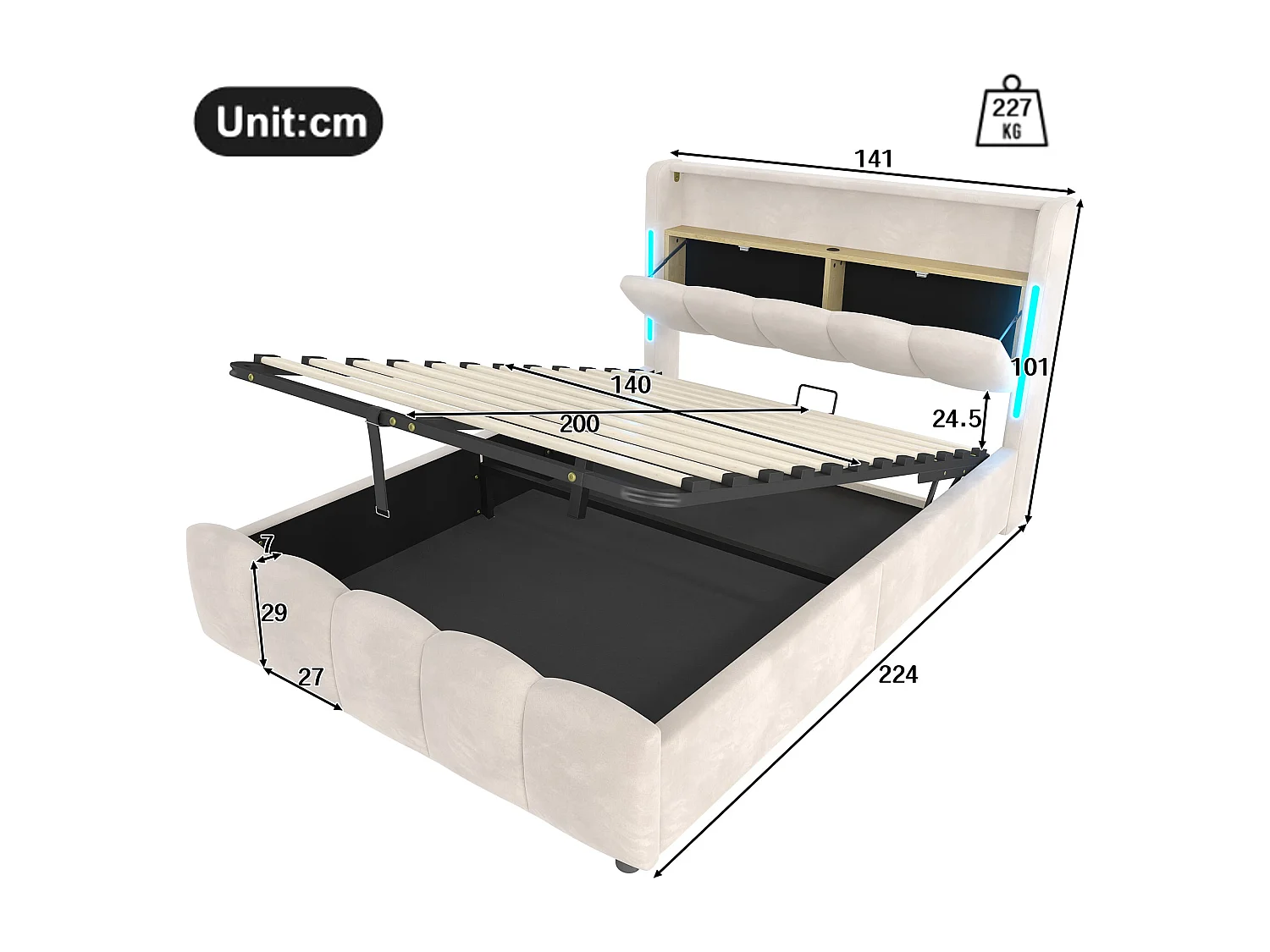 Lit coffre en velours beige avec LED, tête de lit avec rangement, ports USB/Type-C, sans matelas 140x200 cm