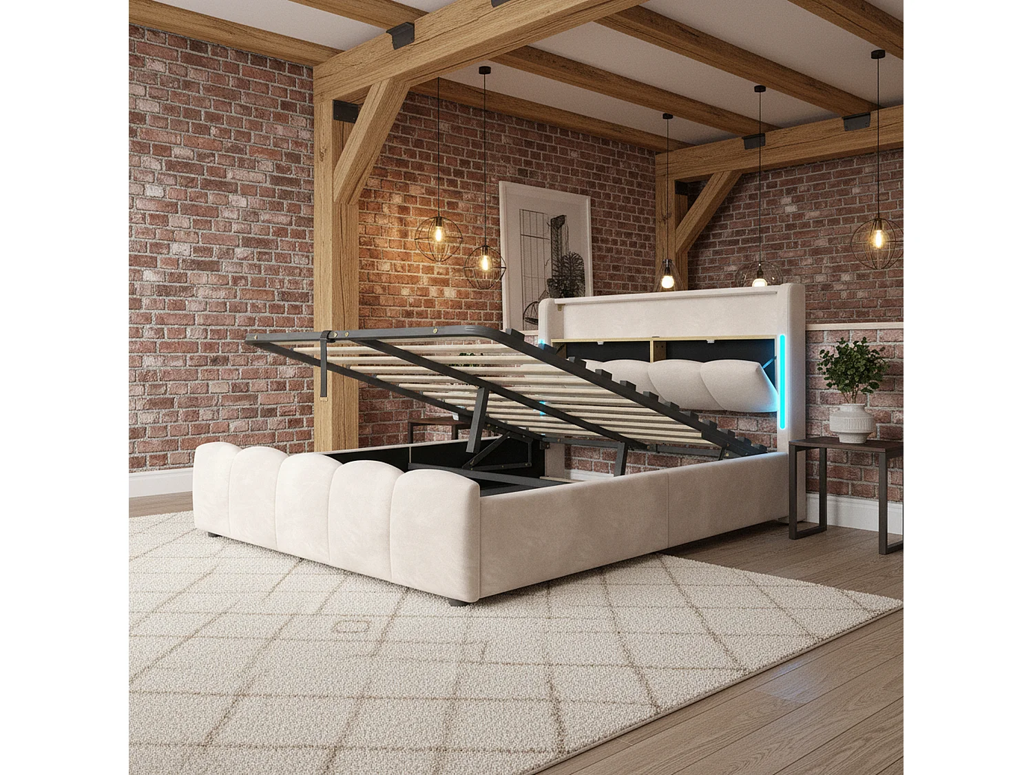 Lit coffre en velours beige avec LED, tête de lit avec rangement, ports USB/Type-C, sans matelas 140x200 cm