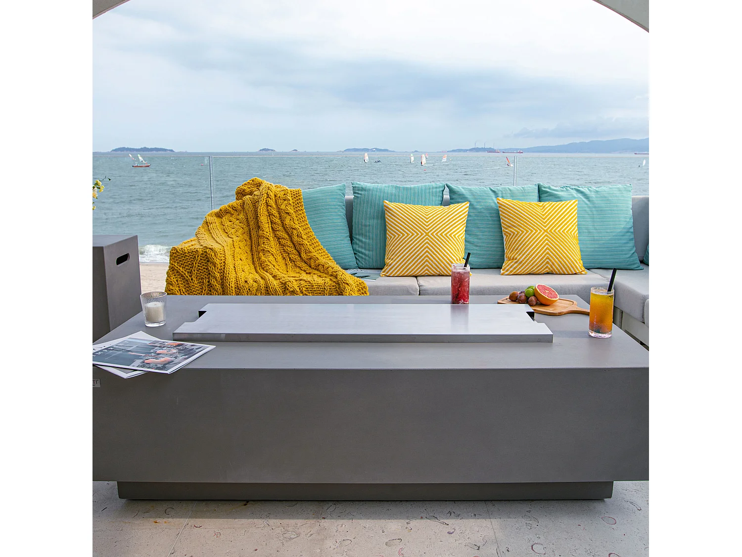 Ensemble braséro à gaz Granville 4 pcs - béton fibré, avec pare-vent et caches