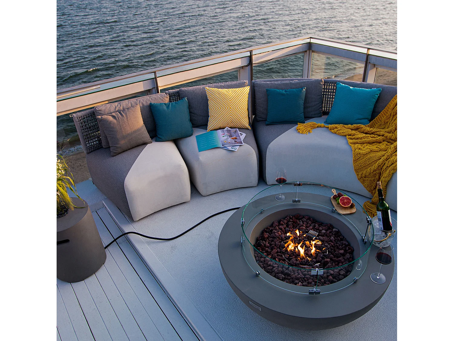 Ensemble braséro à gaz LUNAR BOWL 4 pcs - béton fibré, avec pare-vent et caches