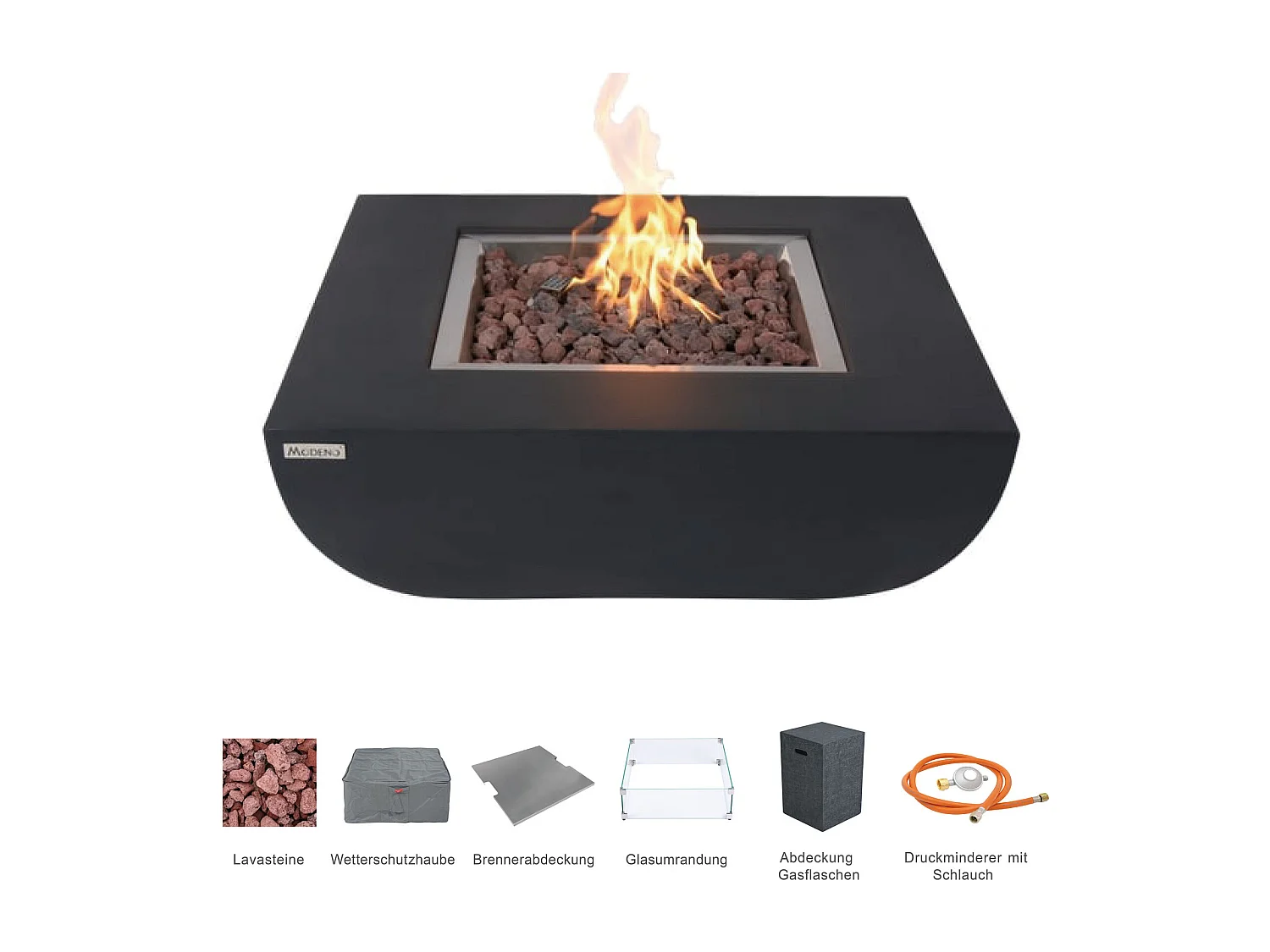 Ensemble braséro à gaz Aurora 4 pcs - béton fibré, avec pare-vent et caches