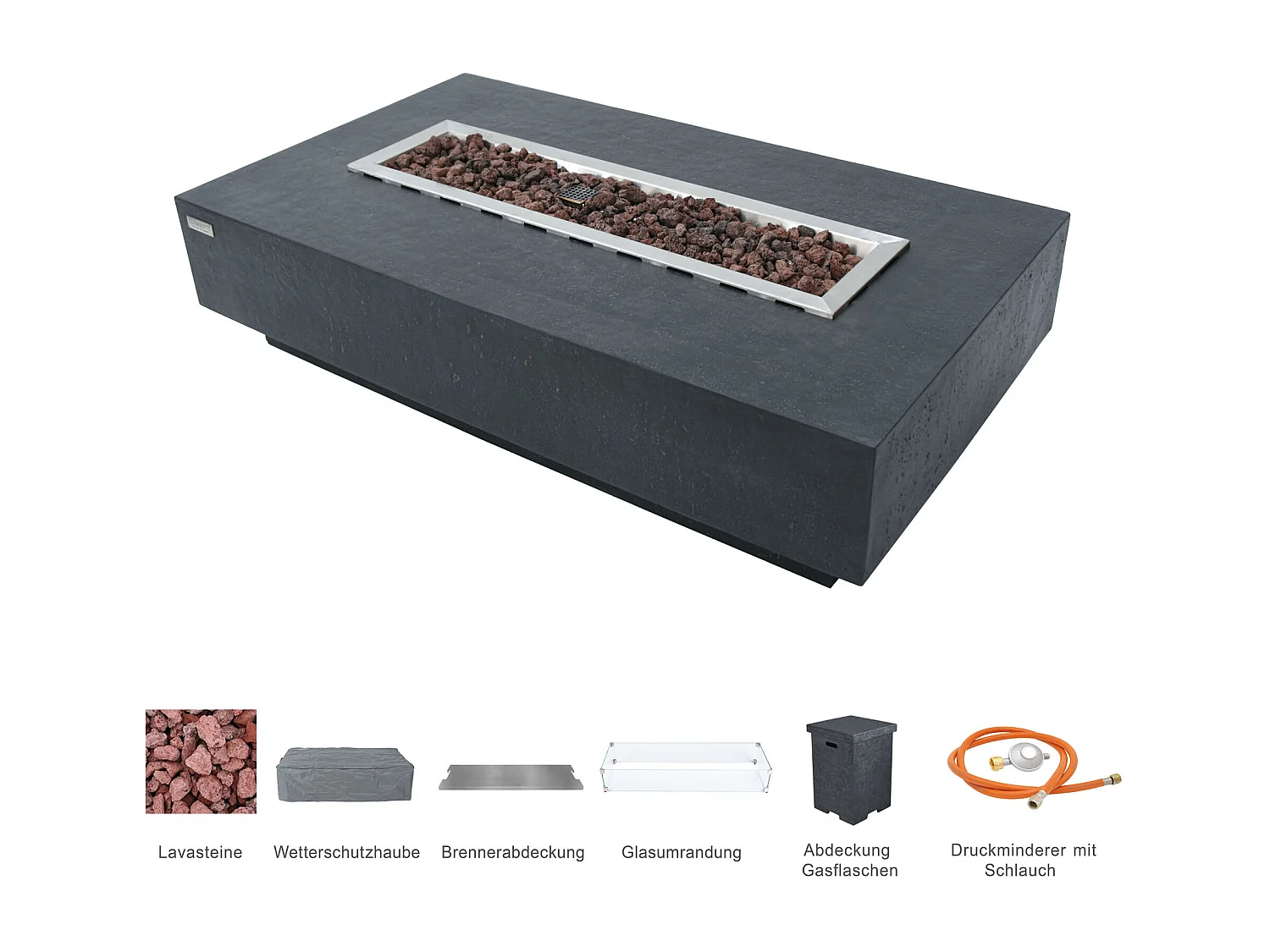 Ensemble braséro à gaz HAMPTON 4 pcs - béton fibré, avec pare-vent et caches