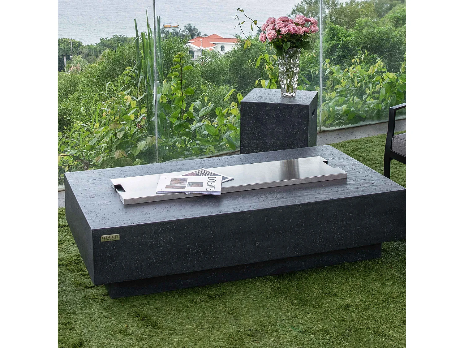 Ensemble braséro à gaz HAMPTON 4 pcs - béton fibré, avec pare-vent et caches