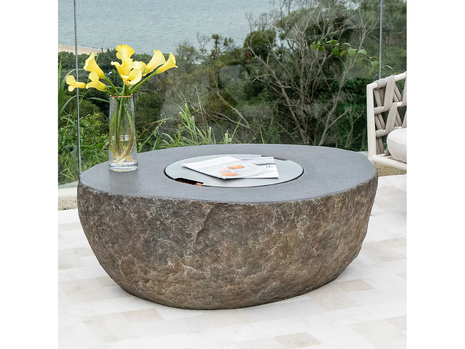 Ensemble braséro à gaz Boulder 4 pcs - béton fibré, avec pare-vent et caches