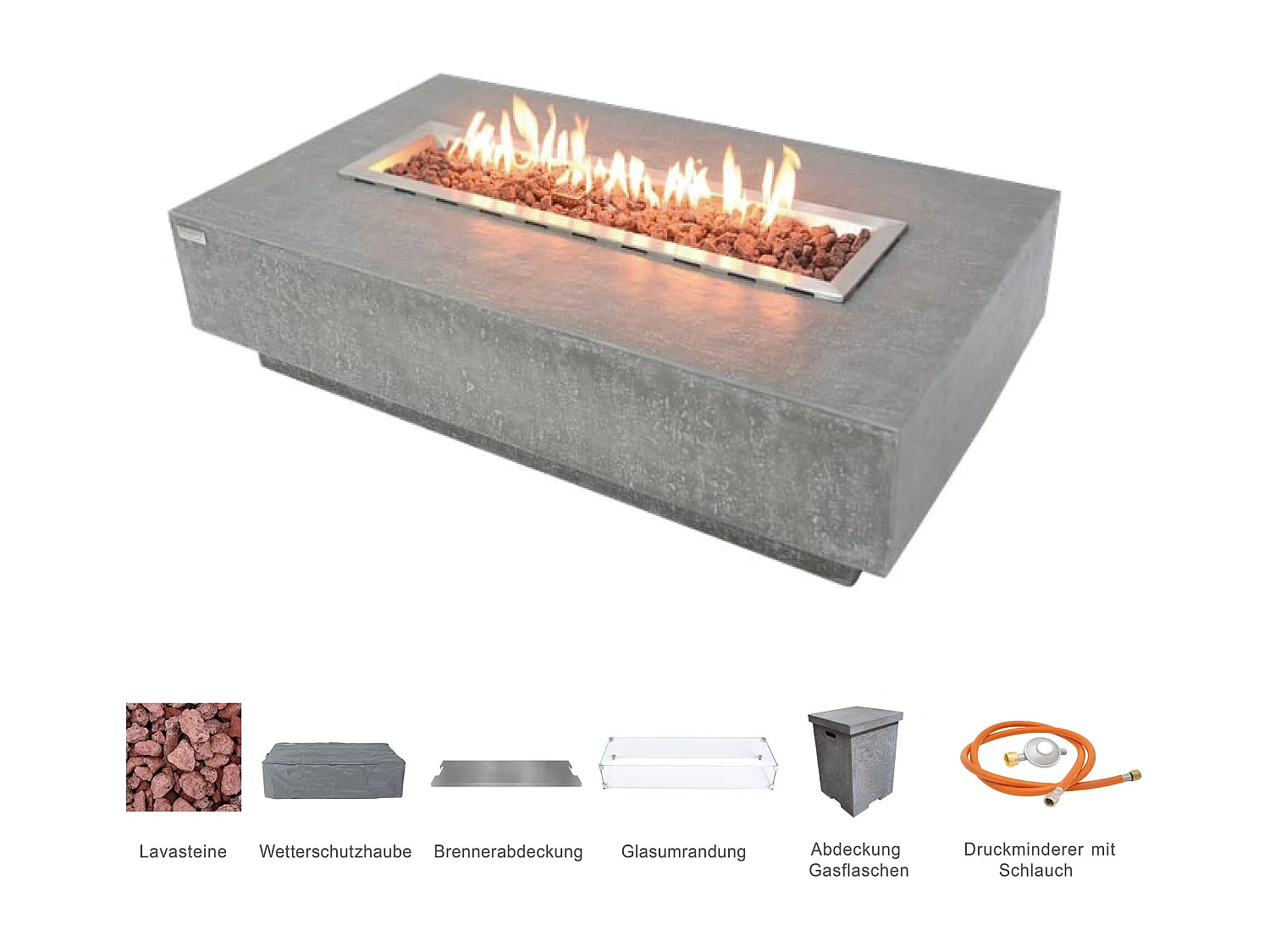 Ensemble braséro à gaz HAMPTON 4 pcs - béton fibré, avec pare-vent et caches