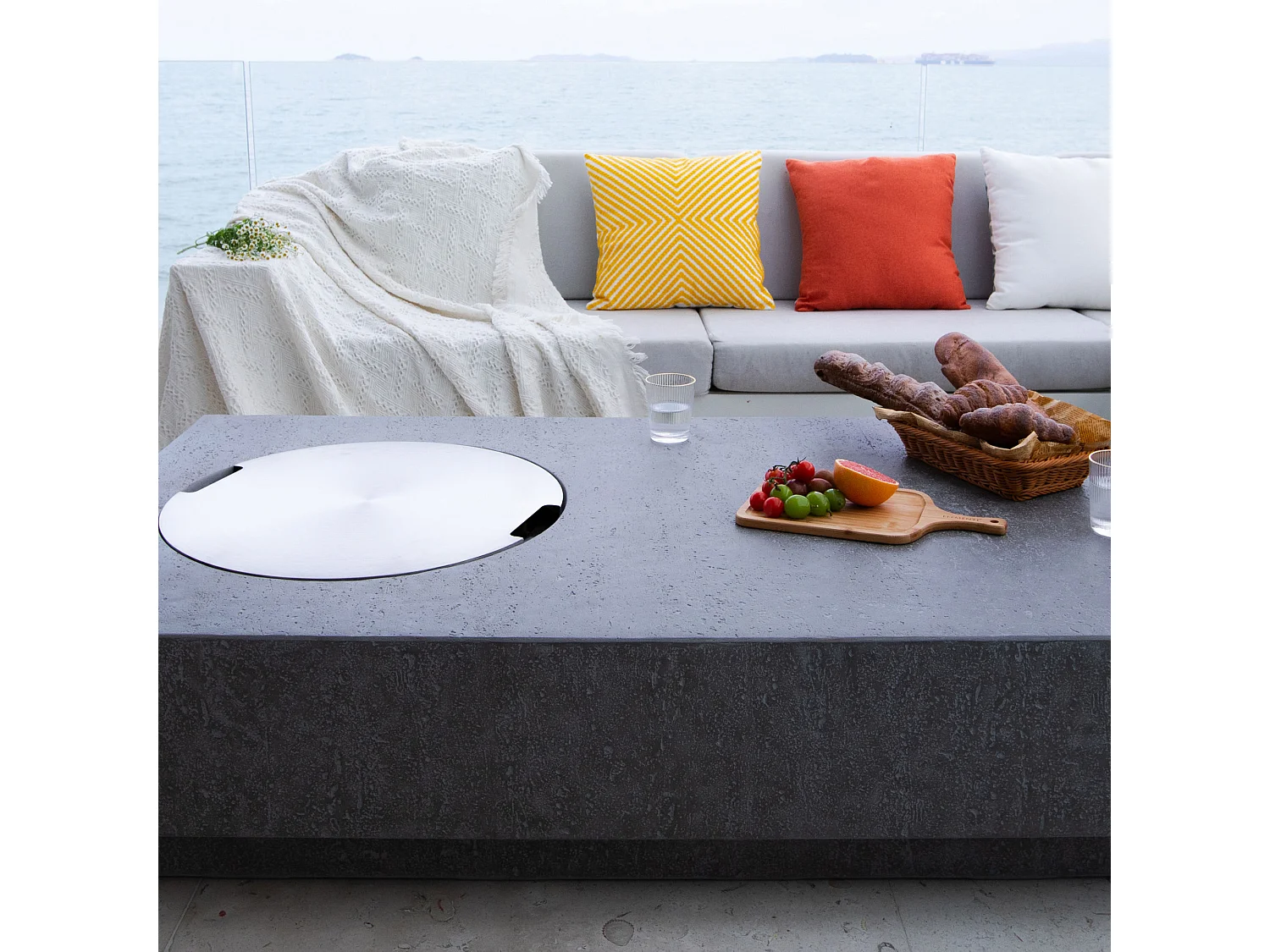 Ensemble braséro à gaz Metropolis 4 pcs - béton fibré, avec pare-vent et caches