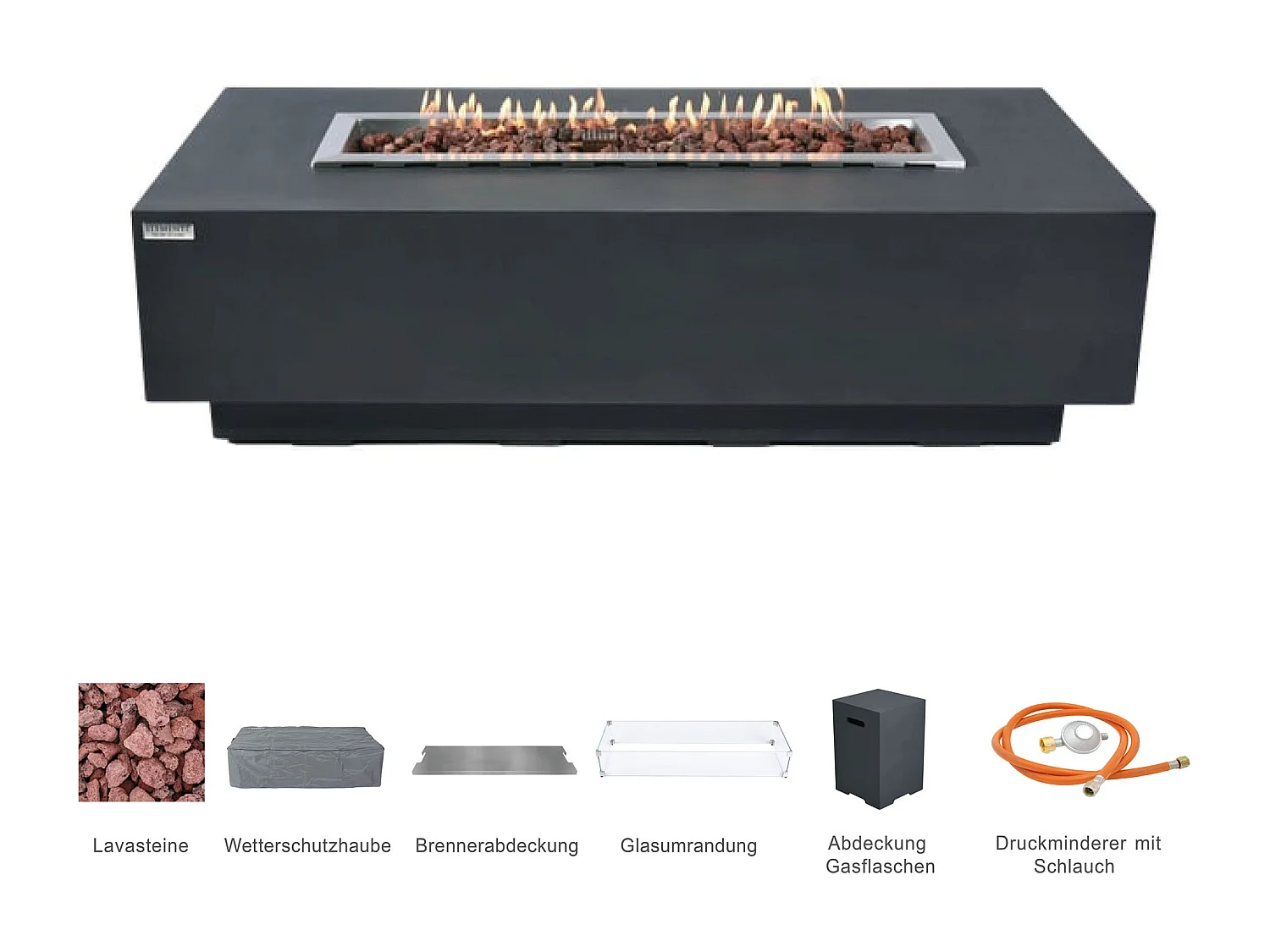 Ensemble braséro à gaz Granville 4 pcs - béton fibré, avec pare-vent et caches