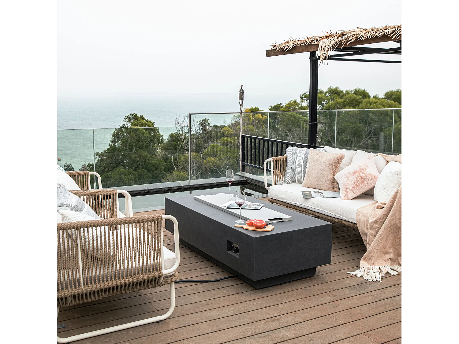 Ensemble braséro à gaz Granville 4 pcs - béton fibré, avec pare-vent et caches