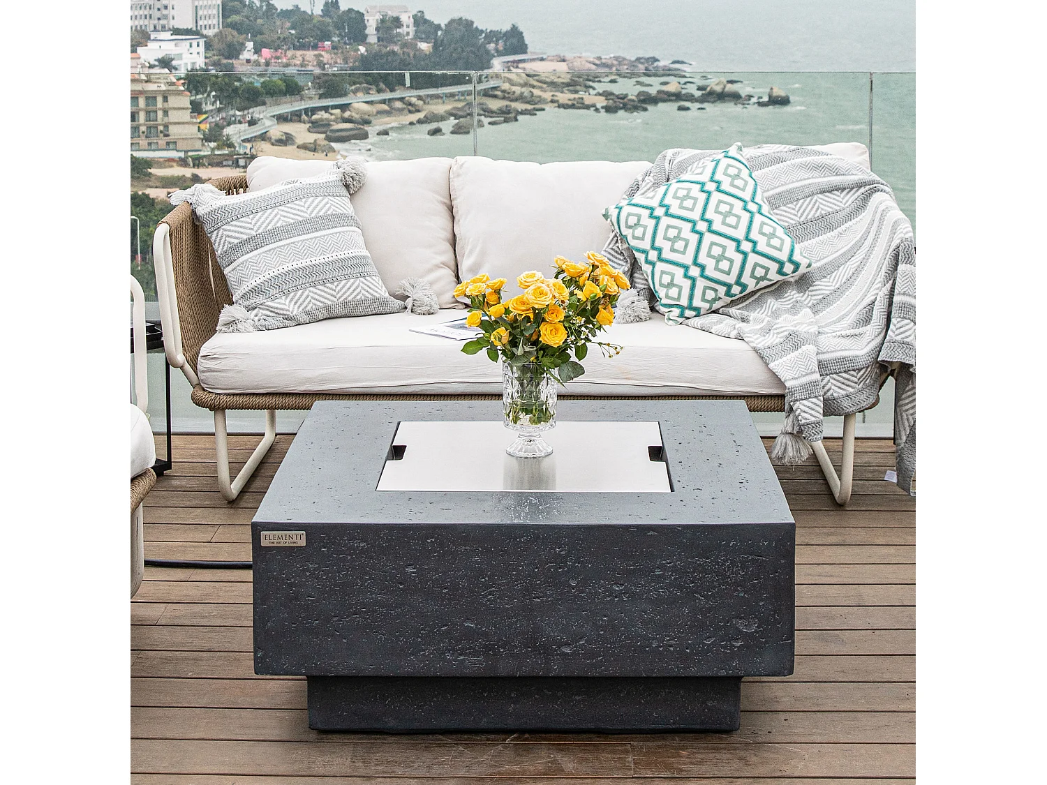 Ensemble braséro à gaz Manhattan 4 pcs - béton fibré, avec pare-vent et caches