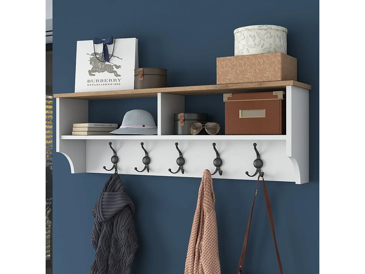 Etagère d'entrée murale avec niches et patères blanc & effet Noyer 120 cm - Taren