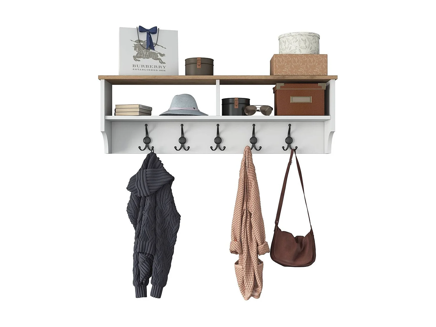 Etagère d'entrée murale avec niches et patères blanc & effet Noyer 120 cm - Taren