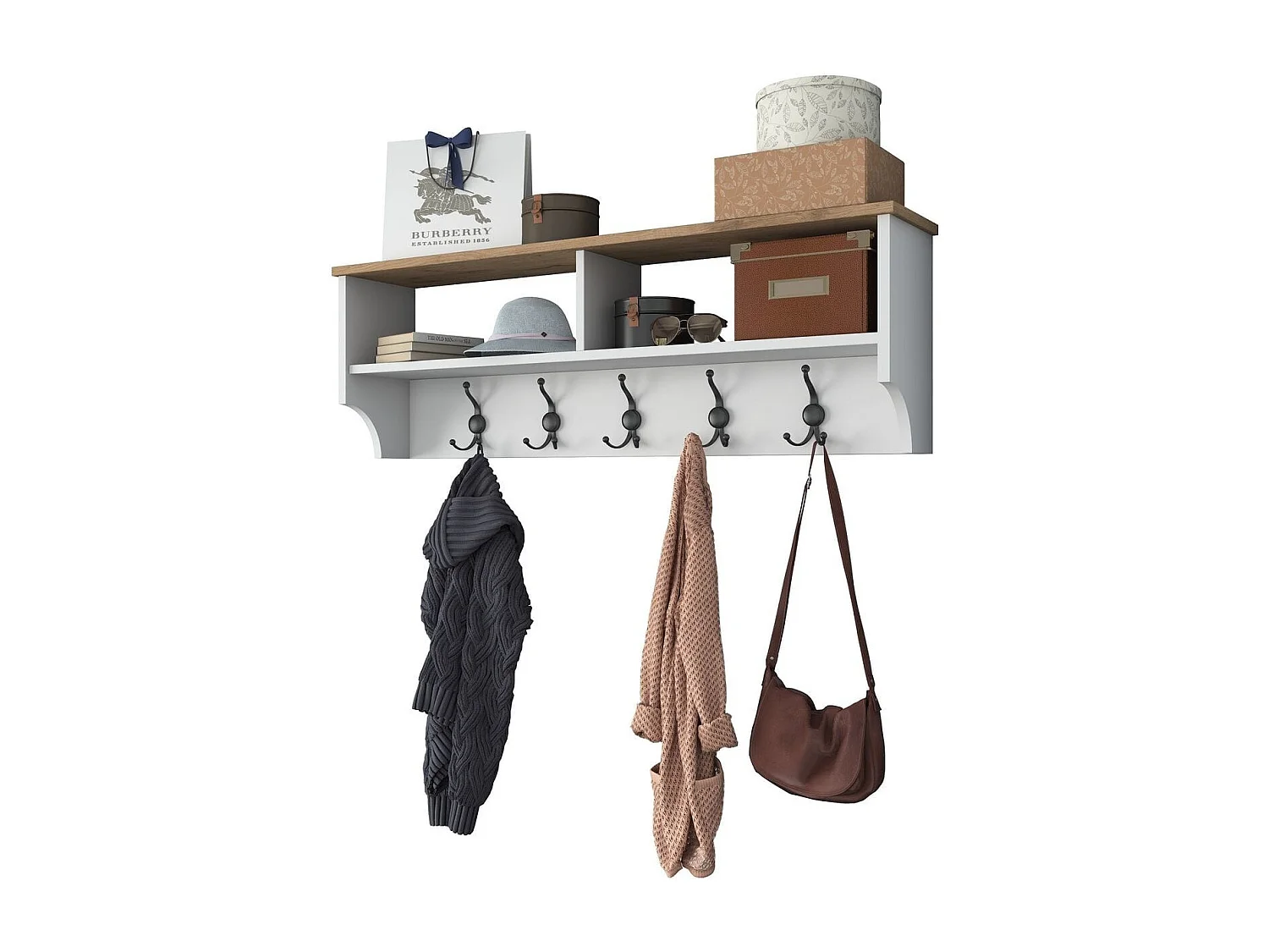 Etagère d'entrée murale avec niches et patères blanc & effet Noyer 120 cm - Taren