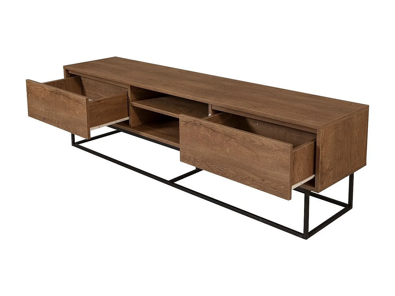 Meuble TV 2 tiroirs 2 niches effet noyer 180 cm - Nerio