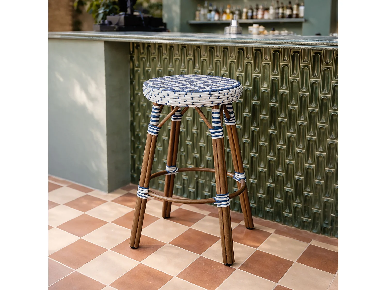 Now's Home - Tabourets De Bar En Textilene Bleu Alu Effet Rotin D46xht74cm Scala