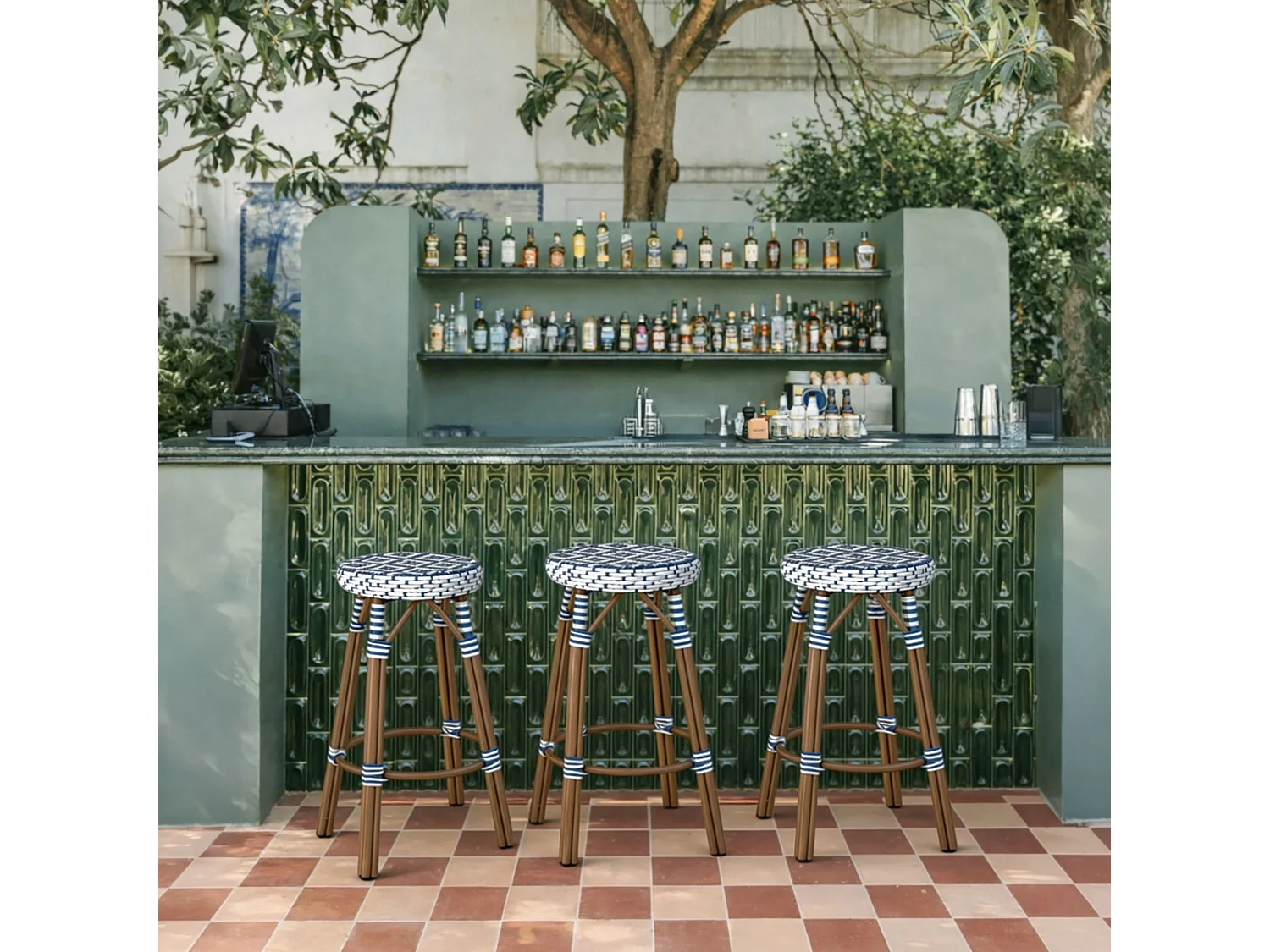 Now's Home - Tabourets De Bar En Textilene Bleu Alu Effet Rotin D46xht74cm Scala