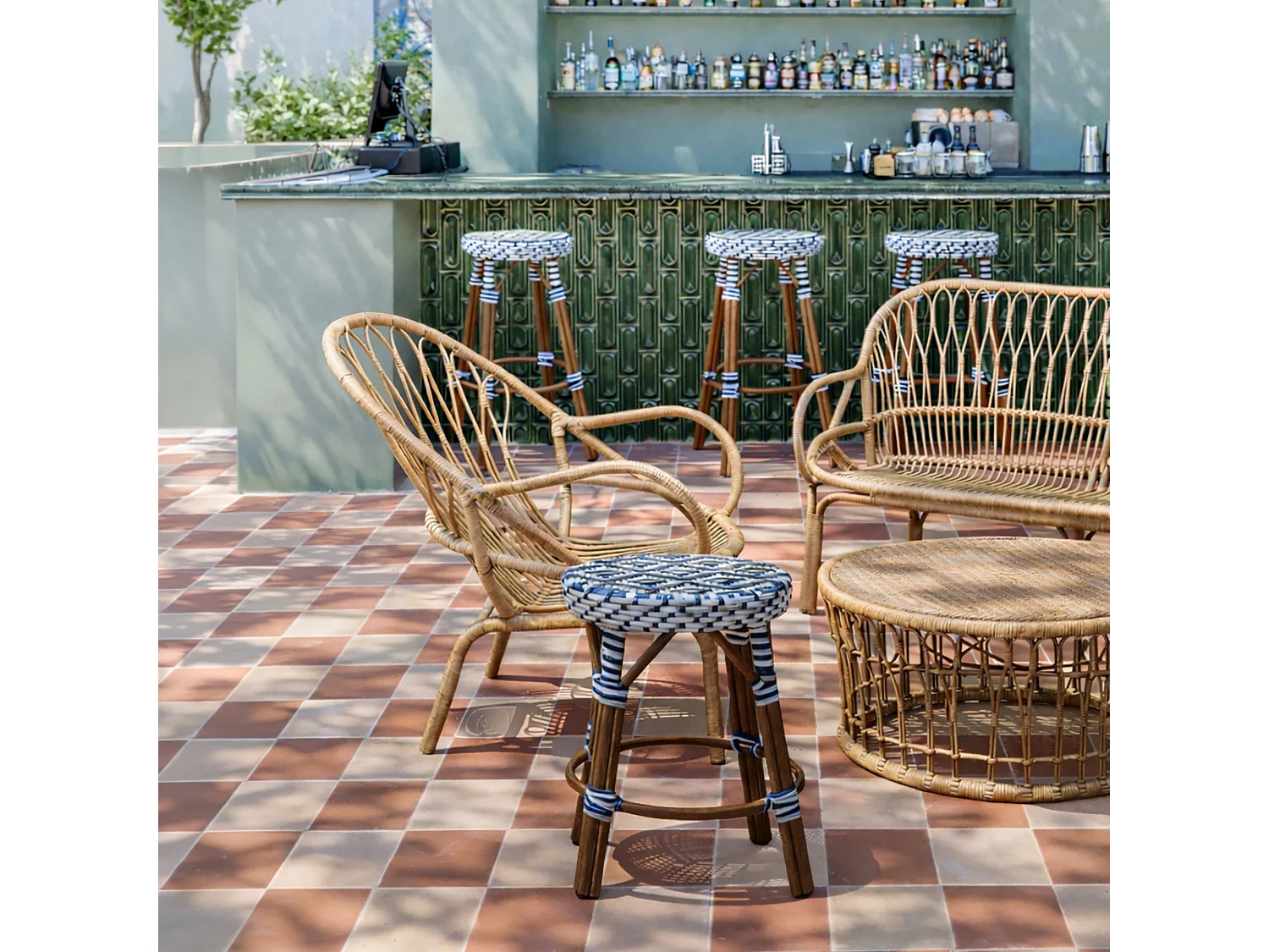 Now's Home - Tabourets Bas En Textilene Bleu Alu Effet Rotin D38xht49cm Scala