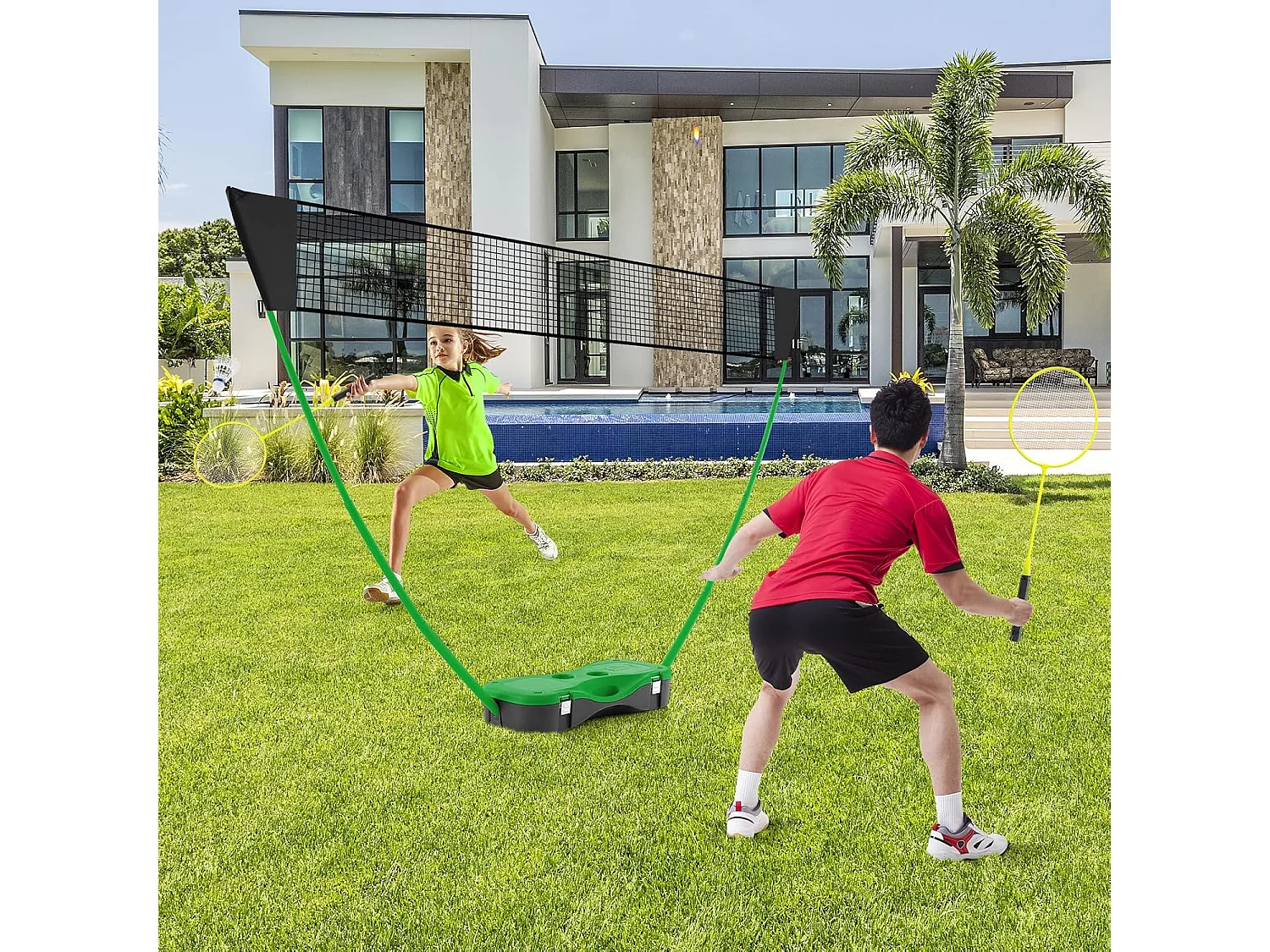 Draagbare Badminton Set Groen 270x160 cm met 2 Rackets, 2 Shuttlecocks, Stevig PE Net en Opbergdoos