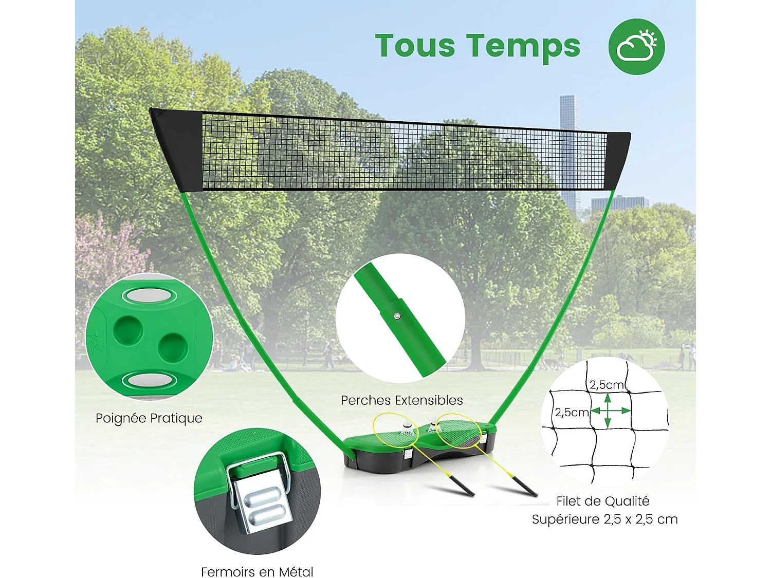 Draagbare Badminton Set Groen 270x160 cm met 2 Rackets, 2 Shuttlecocks, Stevig PE Net en Opbergdoos