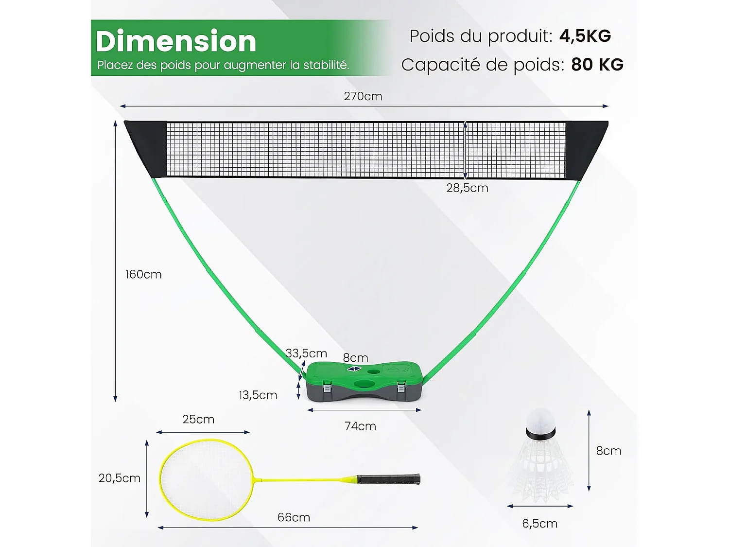 Draagbare Badminton Set Groen 270x160 cm met 2 Rackets, 2 Shuttlecocks, Stevig PE Net en Opbergdoos