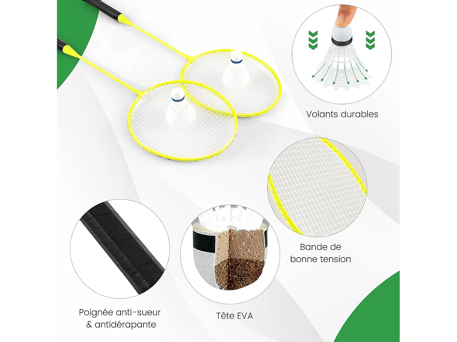 Draagbare Badminton Set Groen 270x160 cm met 2 Rackets, 2 Shuttlecocks, Stevig PE Net en Opbergdoos