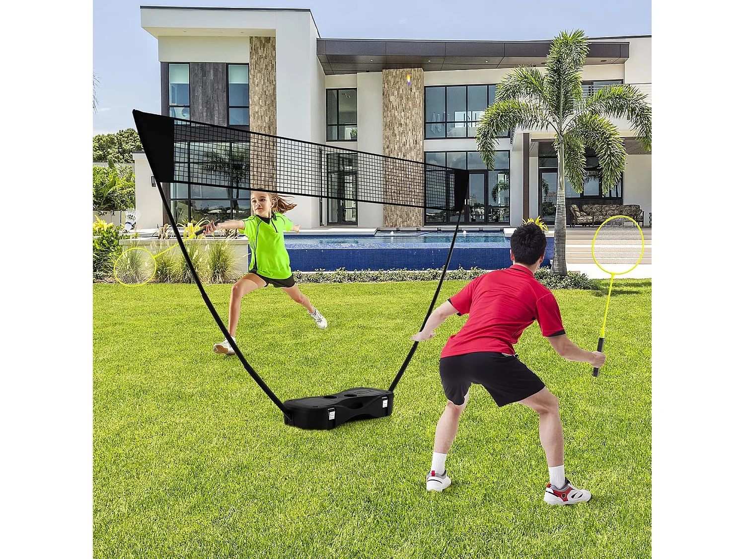 Set Badminton Portable Noir avec Filet 270x160 cm, 2 Raquettes, 2 Volants, Boîte de Rangement et Montage Sans Outils