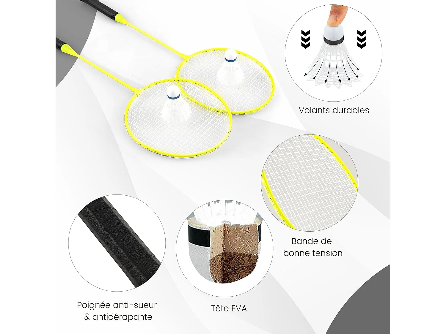 Set Badminton Portable Noir avec Filet 270x160 cm, 2 Raquettes, 2 Volants, Boîte de Rangement et Montage Sans Outils