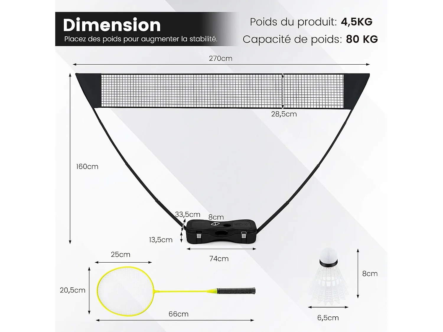 Set Badminton Portable Noir avec Filet 270x160 cm, 2 Raquettes, 2 Volants, Boîte de Rangement et Montage Sans Outils