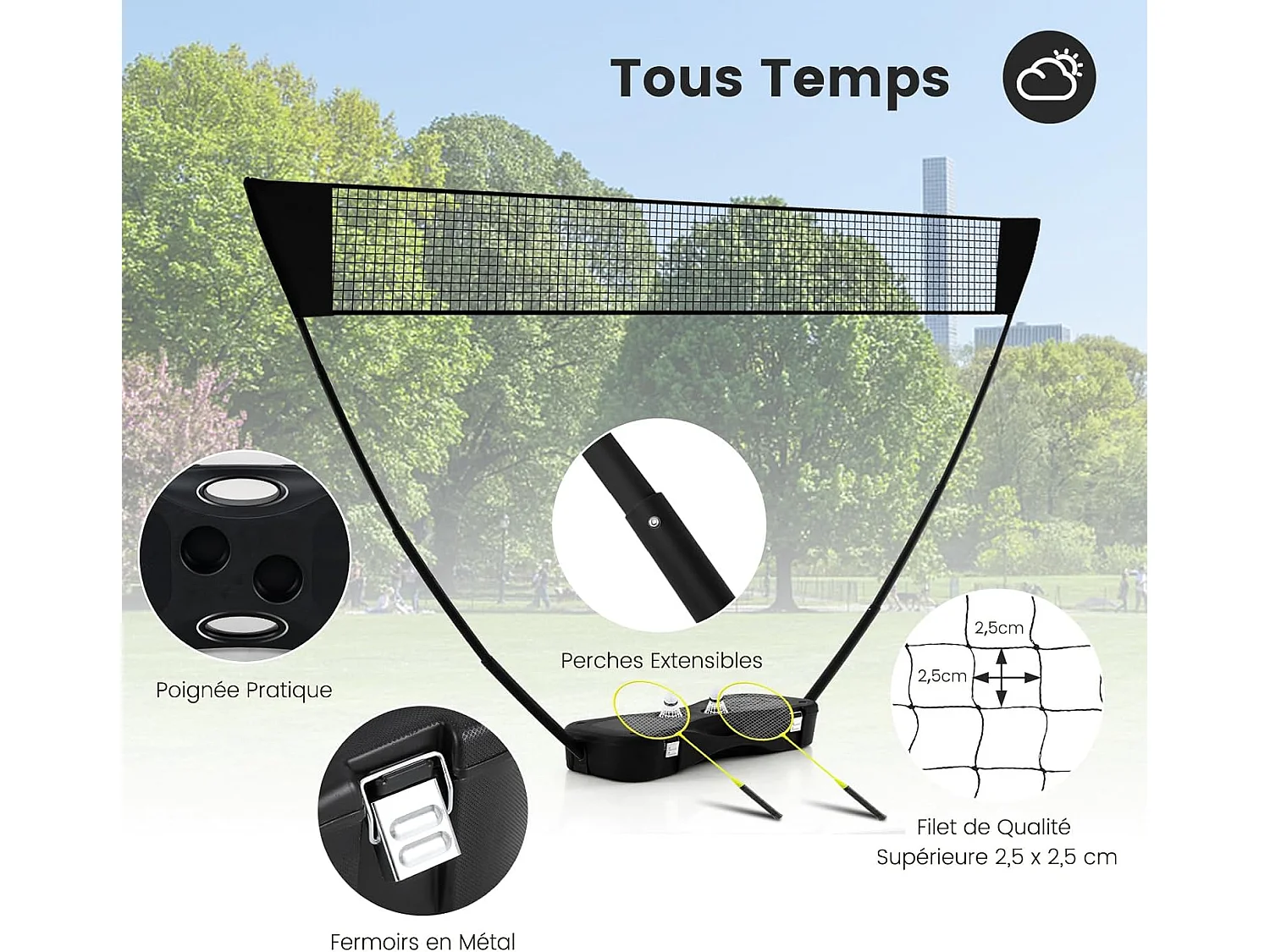 Set Badminton Portable Noir avec Filet 270x160 cm, 2 Raquettes, 2 Volants, Boîte de Rangement et Montage Sans Outils