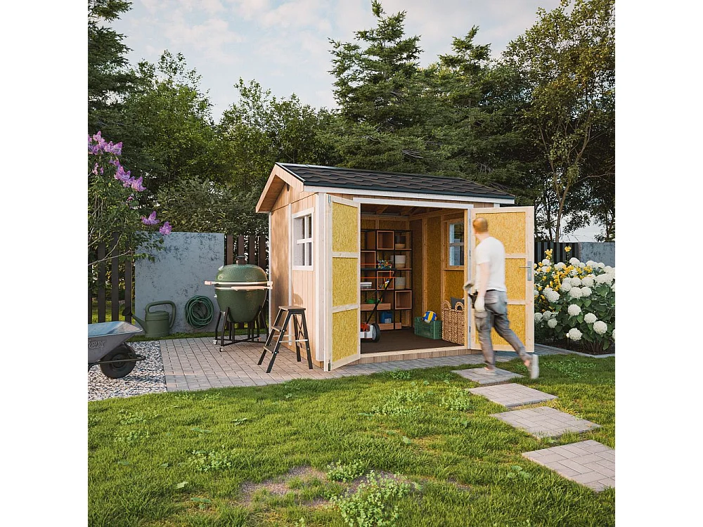 Abri de jardin qualité premium - 5,9 m² H252x250x294 cm - avec un sol et des bardeaux bitumineux - M913A