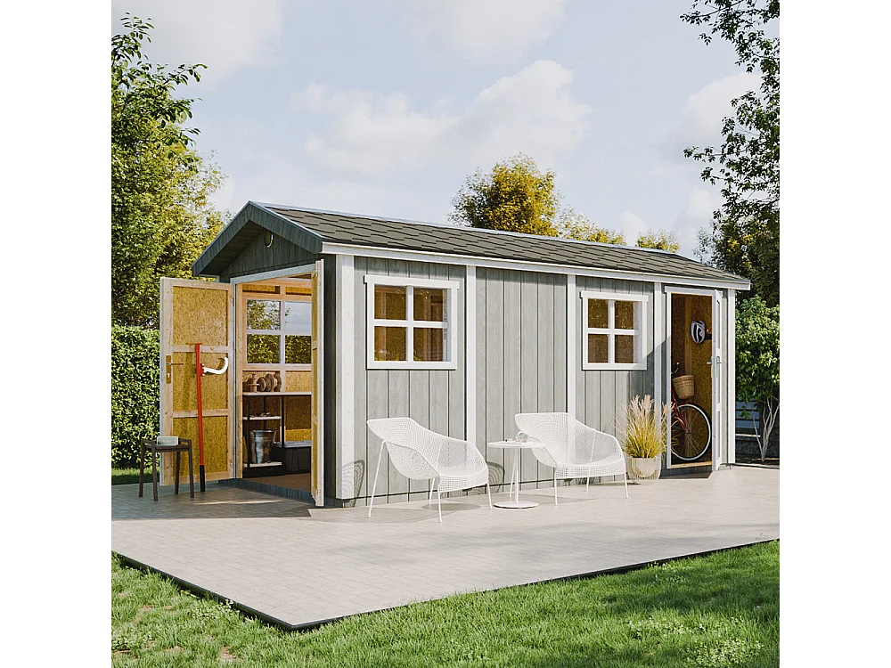 Abri de jardin qualité premium - 8.52 + 2.95 m² H252x250x530 cm - avec un sol et des bardeaux bitumineux - M915C