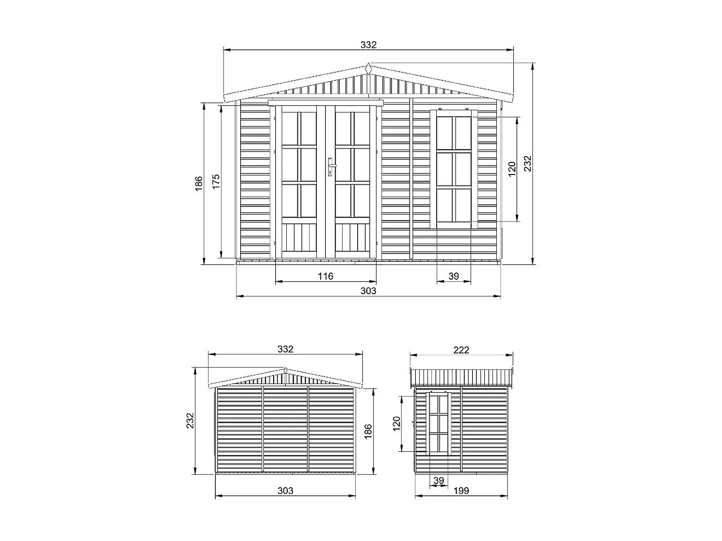 Gartenhaus Holz - 6 m² / H232x332x222 cm - Gerätehaus holz garten-studio - M334FB+H334FBGREEN