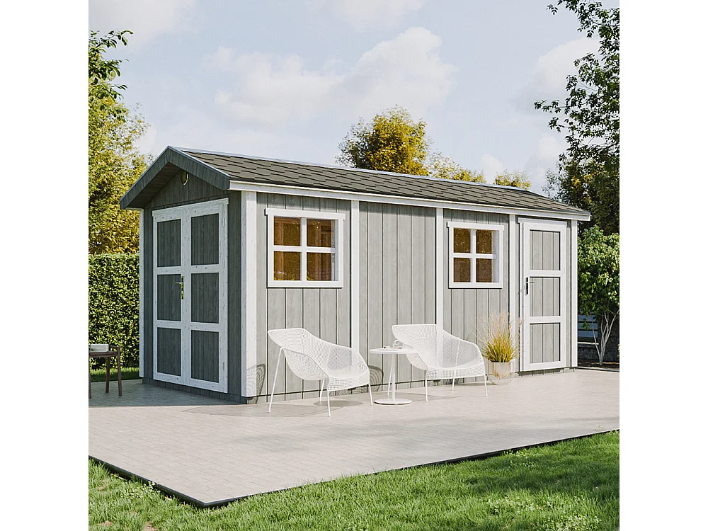 Tuinhuis premium kwaliteit met vloer en bitumineuze dakpannen - 8.52+2.95 m² / H252x250x530 cm - M915C-CAVERN STEEL
