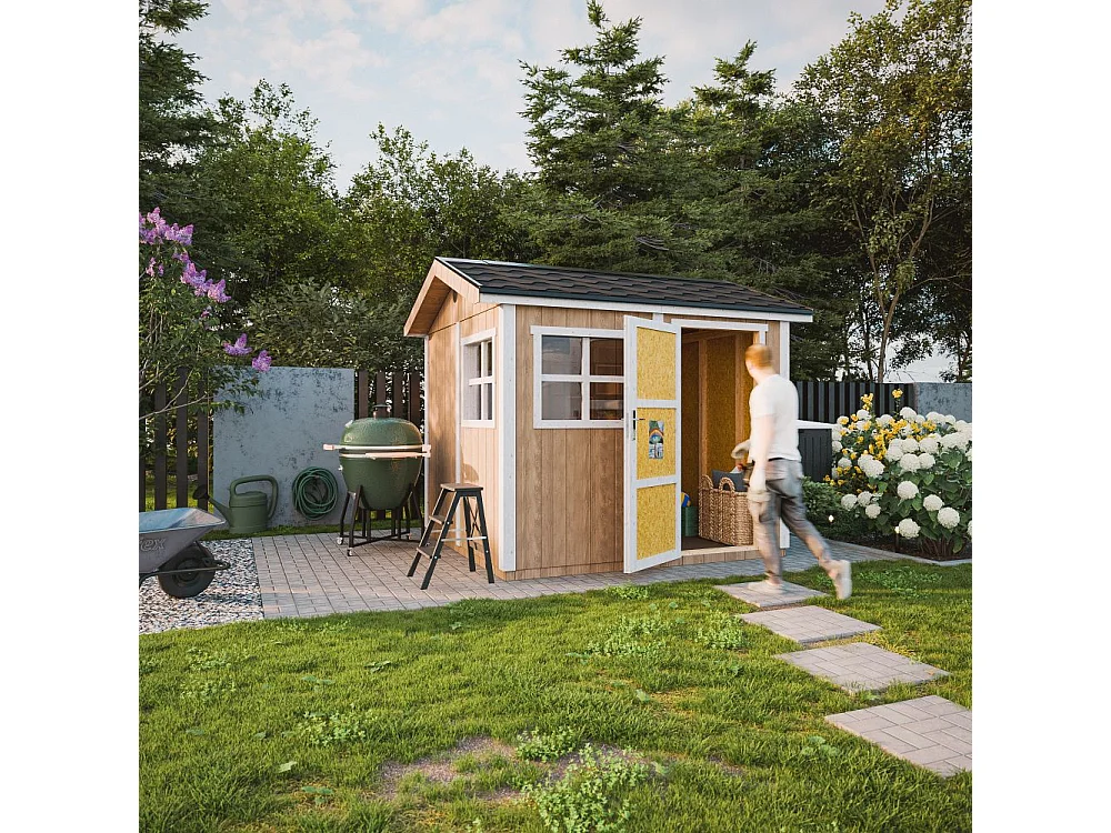 Abri de jardin qualité premium - 5,9 m² H252x250x294 cm - avec un sol et des bardeaux bitumineux - M913-REDWOOD RED