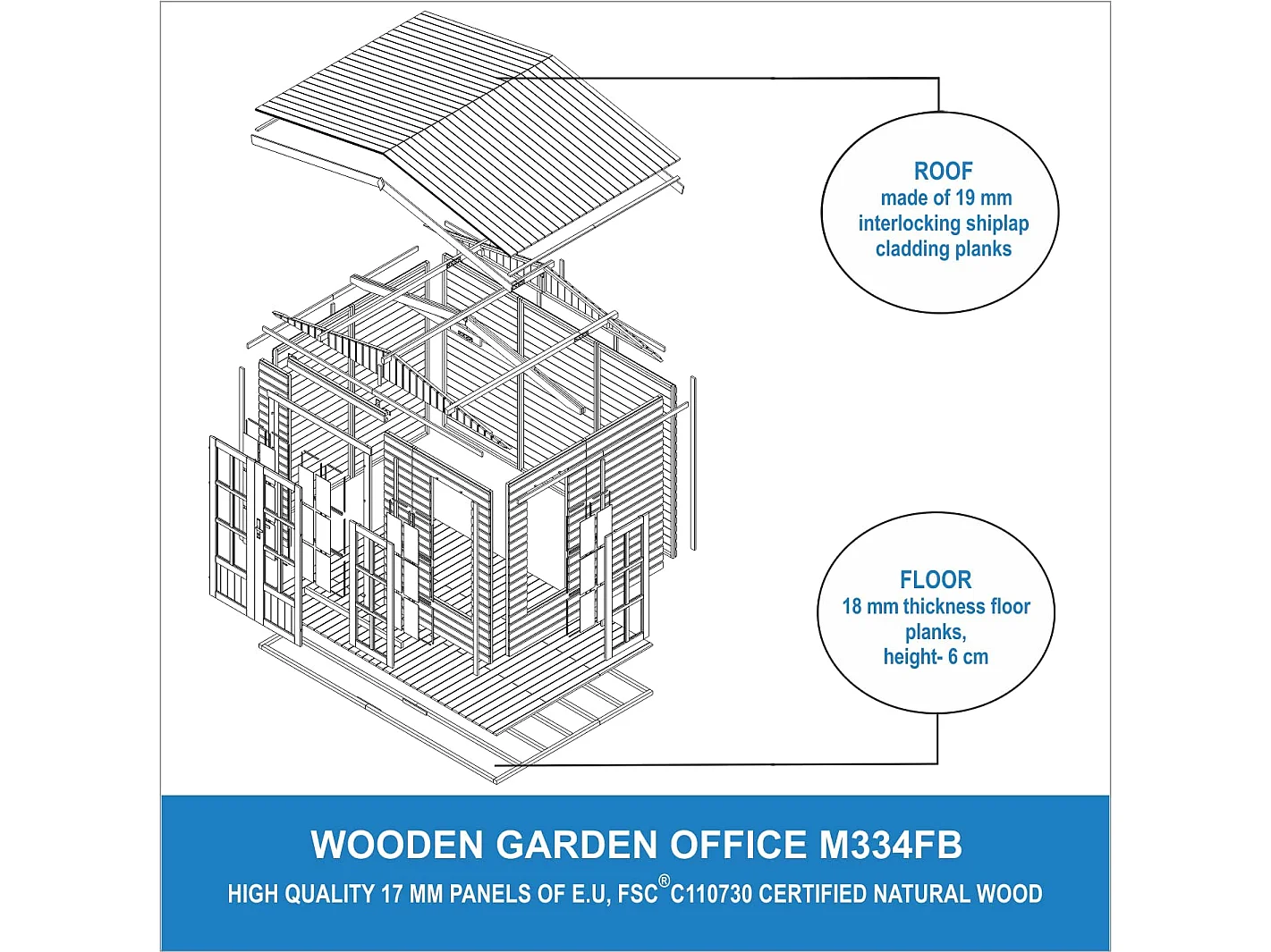 Gartenhaus Holz - 6 m² / H232x332x222 cm - Gerätehaus holz garten-studio - M334FB+H334FBGREY