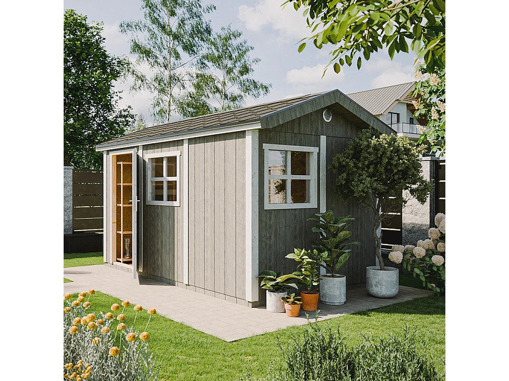 Abri de jardin qualité premium - 8,68 m² H252x250x412 cm - avec un sol et des bardeaux bitumineux - M914-TUNDRA GREY