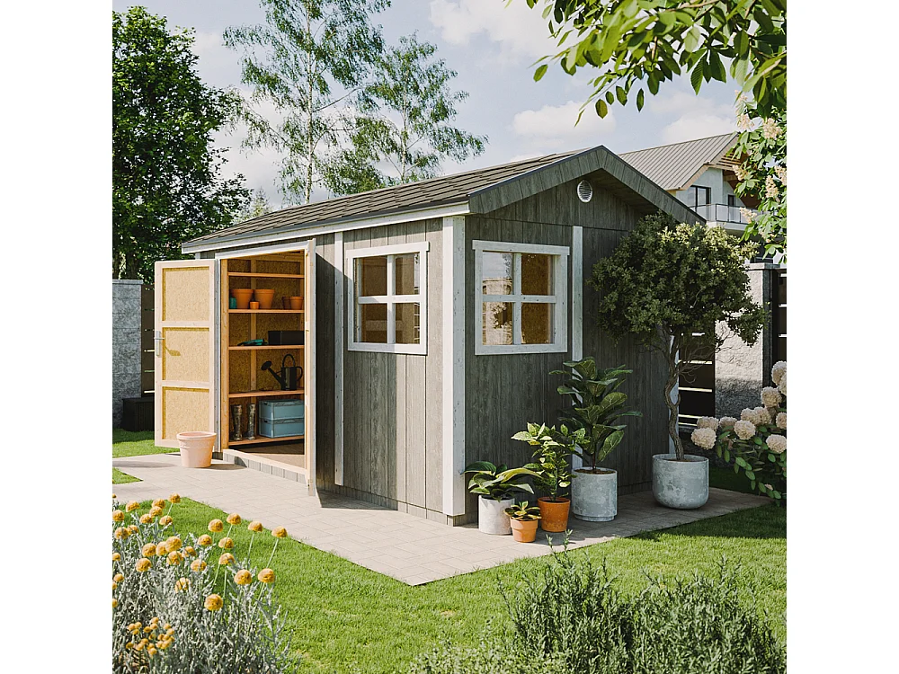 Abri de jardin qualité premium - 8,68 m² H252x250x412 cm - avec un sol et des bardeaux bitumineux - M914A