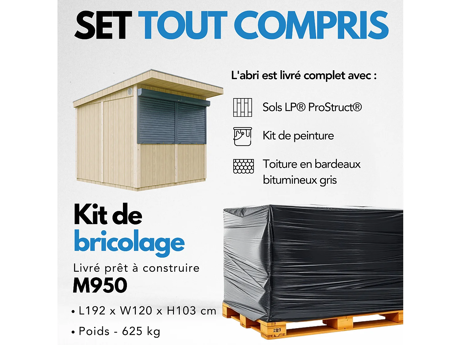 Grand stand marché avec comptoir - 5,9 m2 H240x248x305 cm - construction de panneaux LP Smartside - M950-CAVERN STEEL