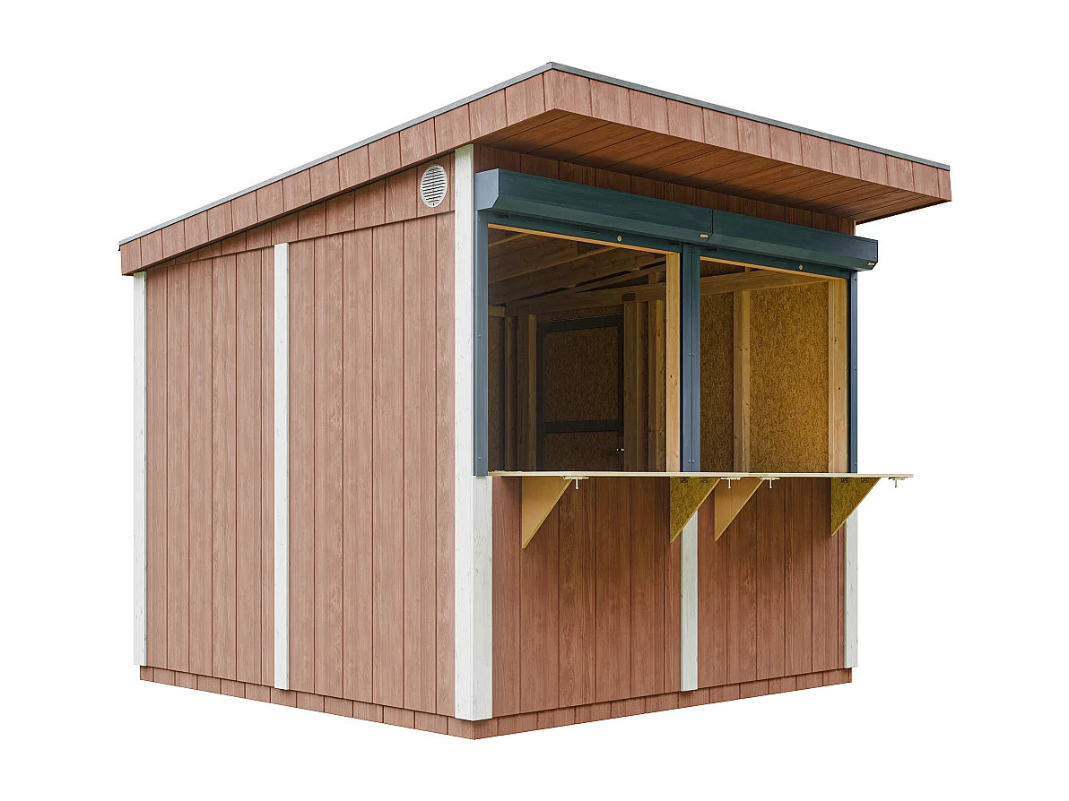 Grand stand marché avec comptoir - 5,9 m2 H240x248x305 cm - construction de panneaux LP Smartside - M950-REDWOOD RED