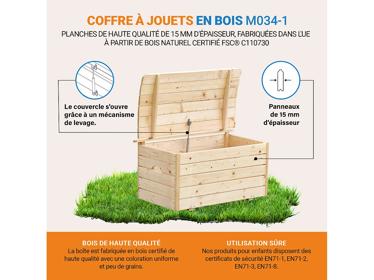 Holzkiste mit deckel - aufbewahrungsbox garten 80x50xH47 cm - M034-1